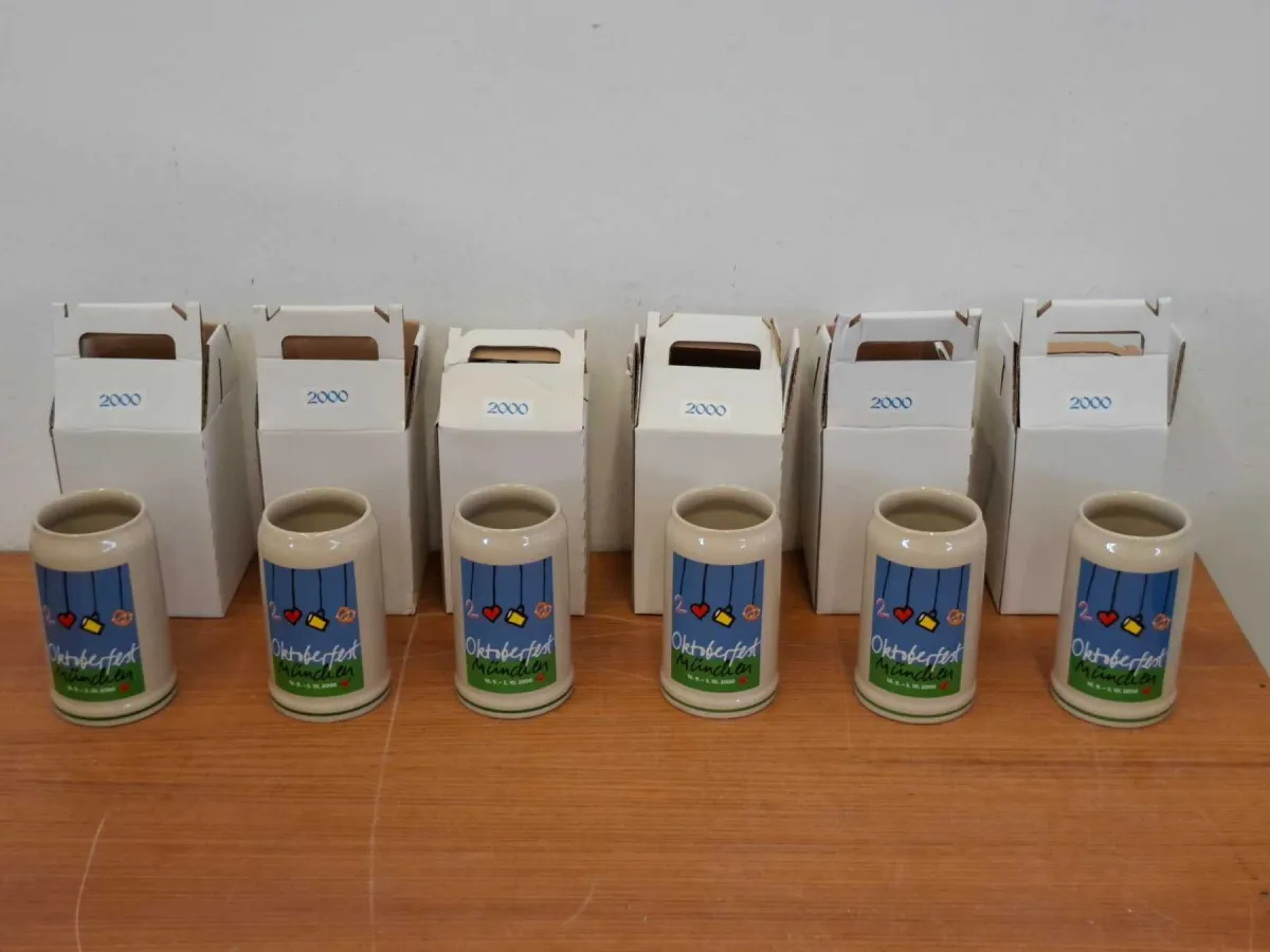 6 chopes Oktoberfest sans couvercle en étain, chopes annuelles 2000, fabricant : Rastal