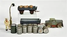 Arnold, tractor unit with two trailers, gas station attendant, barrels, etc.