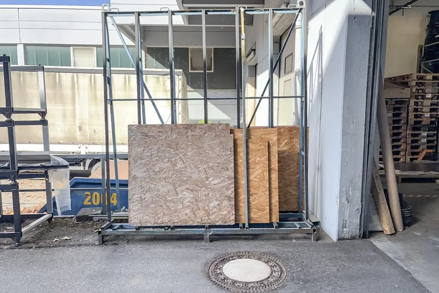 Transport rack with contents: particle boards