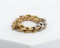 Ring, tankschakels, 14kt geelgoud/witgoud, kleine diamanten, ca. 7,6 g, maat 61