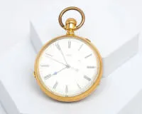Bedeutende frühe Taschenuhr A. Lange & Söhne, Dresden/Glashütte, um 1868, 18kt Gelbgold, Gehäuse und Werk jeweils nummeriert 5407, weißes Emaillezifferblatt mit römischen Indizes und gebläuten Zeigern, auf der Werkplatine signiert "5407 / Adolph Lange...