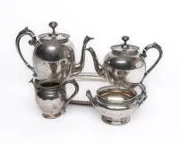 Coffee and tea service, silver 833, Dutch export mark, maker's mark "WVK", each with openwork gallery and pearl edge, oval tray with central monogram