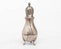 Sugar shaker, silver 830, wavy bulbous body on three feet, tapered neck, openwork lid, acorn with leaves as crowning finial, approx. 377 g
