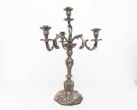Large four-flame silver candelabra, Eduard Wollenweber, Munich, circa 1900, silver 800, in neo-rococo style with rich decoration, stamped "Ed. Wollenweber" on the base, weighted base and closed bottom, approx. 49.5 cm high, approx. 1,756 g incl....