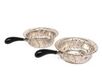 Two handled cups, court jeweller Peter Hertz, Copenhagen, 1922 and 1924, assay master Christian F. Heise, silver 826, engraved dedication, shaped form, black lacquered handles, 882 g incl. handles