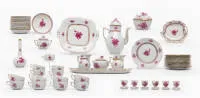 Herend service, Apponyi purple, gold decor, consisting of: 13 dessert plates, 13 saucers, 13 cups, 2 cream jugs, 2 sugar bowls, pot, small vase, 6 egg cups, oval serving dish, square dish, leaf-shaped dish, bonbonniere, rose on the lid...