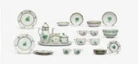Mocha coffee service, Herend, Apponyi green, consisting of: pot, sugar bowl, creamer, platter, basket bowl, 2 mocha cups with saucers, 4 cups with saucers, 4 cake plates, 6 pastry plates