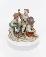 Porcelain group, "Allegory - Spring", Meissen, crossed swords mark, 1st choice, model number 2502, polychrome and gilded, model design by Johann Joachim Kändler (1706-1775), 16.5 cm high, hand with garland and curl restored, toes...