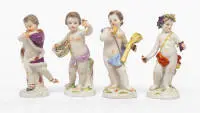 4 figurines, Meissen, marque aux épées, 18e/19e s., allégorie des quatre saisons, Printemps A64, Été A67, Automne 2716, Hiver A71, d'après Johann Joachim Kändler, env. 11 cm, faucilles...