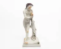 Meissen, Shepherd, porcelain figure, coloured mixed decor, incised model number F276, press number 147, model Paul Scheurich, 1919, shaping probably mid-20th c., 35 cm high, staff missing, front left corner of base broken off, fixed with tape.
