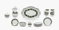 Service à café, Meissen, marque aux épées, Neuer Ausschnitt, feuilles de vigne, comprenant : cafetière, pot à crème, sucrier, 6 tasses avec soucoupes, plat à gâteau