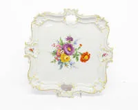 Plat d'apparat, Meissen, marque aux épées, fleurs, dorure, 42 x 42 cm