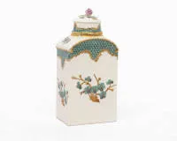 Boîte à thé, Meissen, marque de peintre dorée 4, peinture polychrome, dorure, avec couvercle, env. 14,5 cm de haut, dorure usée
