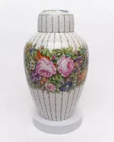 Lidded vase, Nymphenburg, 1st half 20th c., ovoid body with flat lid, polychrome floral painting and grey longitudinal stripe decor, marked Prof. Wackerle on base, model design by Josef Wackerle (1880-1959), 34 cm high