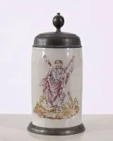 Cylindrical tankard, 1797, faience, St. Andrew, pewter lid with three marks, monogram M. R. H. on lid, pewter mount, approx. 22 cm high