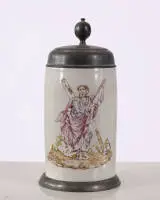 Chope cylindrique, 1797, faïence, saint André, couvercle en étain poinçonné trois fois, monogramme M. R. H. sur le couvercle, monture en étain, env. 22 cm de haut