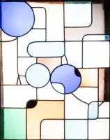 Stained glass window, 20th c., polychrome, 77 x 61 cm, converted for hanging on a chain, partial cracks in the glass, missing piece in the clear glass.