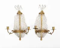 Pair of wall lights / sconces, Empire, Sweden, 19th c., two-light with crystal drops, h. 42 cm