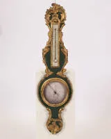 Wandbarometer mit Thermometer, Louis XV, Frankreich, 18. Jh., Holz, gold und türkis gefasst, 97 cm