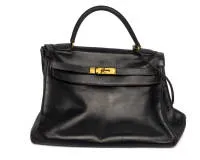 Vintage kabelka Kelly 32, Hermès, Paříž, tmavě modrá telecí kůže, pozlacený hardware, cca 22 x 32 x 11 cm, známky použití, pozlacení částečně odřené