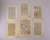 Antiphonar, sechs Einzelblätter auf Pergament, fünf davon wohl aus dem selben Buch, Schriftspiegel ca. 46 x 27.5 cm (61 x 40.5 cm BM), mit Begrenzungslinien, paginiert; des Weiteren ein größeres Blatt, Schriftspiegel ca. 56 x 38 cm (73 x 53.5 cm BM);...