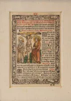 Livre, double page, Koberger, Anton (vers 1440 Nuremberg - 1513 Nuremberg), impression bicolore du texte ; gravure sur bois coloriée avec un groupe de crucifixion au recto ; encadré recto-verso, PA (recto, sous verre) 14 x 9,5 cm ; (verso, sous...