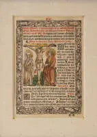 Livre, double page, Koberger, Anton (vers 1440 Nuremberg - 1513 Nuremberg), impression bicolore du texte ; gravure sur bois coloriée avec un groupe de crucifixion au recto ; encadré recto-verso, PA (recto, sous verre) 14 x 9,5 cm ; (verso, sous...