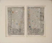 Book, two double pages, (early 16th century); Latin text from a historical book of hours (vigils and psalms); occasionally decorated with hand-painted initials; margins show rich, figurative wood/metal cuts of the time; surrounding,...