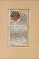 Livre, double page, double page coloriée à la main, début du XVIe siècle ; page d'un livre d'heures ou d'une bible latine ; recto : texte latin avec l'Annonciation à Marie par l'archange Gabriel (représenté au moyen...