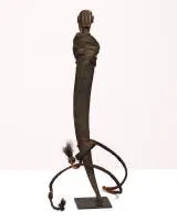 Medicine horn, Zigoua, Northern Tanzania, animal horn, braided cord and figurative carved stopper, crusted patina, iron stand, certificate from Galerie Alain Dufour, Ramatuelle, from 2001 available, H. approx. 52 cm