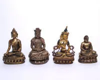 Lot of 4 figures, Tibet/Nepal, modern, various bronze and metal alloys: 2x "Seated Buddha", "Seated Tara", "Seated Bodhisattva Guanyin", 16-22.5 cm high