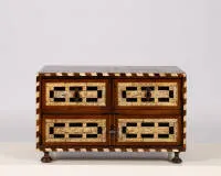 Baroque cabinet, probably Spain, 17th c., walnut veneer on softwood, rectangular body with front of three drawers in two tiers, drawers with engraved bone inlays and hunting motifs, 26 x 42 x 24 cm, additions