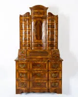 Baroque tabernacle secretary a trois corps, South German, circa 1750, walnut and walnut burl veneered on softwood