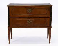 Commode classique, Allemagne du Sud ou Autriche, vers 1780, placage noyer et ronce de noyer, incrustations ébénisées et filets de laiton, corps droit à deux tiroirs sur pieds carrés coniques, façades de tiroirs encadrées de filets de laiton...