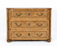 Baroque commode, 2nd half 18th century, North German, walnut on softwood, three-drawer body with recessed corners under slightly overhanging top at the front on compressed ball feet, all-over rich ribbonwork and bow intarsia in burl wood...