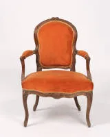 Křeslo, Ludvík XV., Francie, kolem 1770, značeno N.L.MARIETTE, oranžový samet, v. 86,5 cm, stopy stáří.