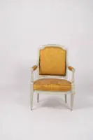 Fauteuil, Louis XVI, France, vers 1780, estampillé JEAN-BAPTISTE CLAUDE SENE, bois sculpté et peint gris clair, tissu doré, H. 94 cm, peinture reprise.