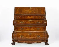 Exceptional Dutch standing desk secretary (staand schrijfbureau), Baroque, Netherlands, circa 1745-1760, oak and various precious woods, richly inlaid on all visible sides with floral ornamentation, interior with writing emblems and guards on the slanted flap, this above a strongly bombé base with three large and two narrow drawers on carved paw feet, original interior with column architecture and fully preserved writing compartment, secret compartments, originally designed for standing writing 