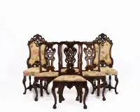 Set of 4 Baroque chairs, England, George II, circa 1750, solid walnut, openwork carved back, curved apron on curved legs with claw-and-ball feet, H. approx. 90 cm; Pair of 2 Baroque chairs, Spain, probably Historicism, 19th c., solid walnut, richly carved with numerous volutes and acanthus decoration, H. approx. 120 cm. Upholstery replaced