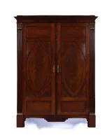 Empire cabinet, 1st third 19th c., mahogany veneer on oak, two-door body, front with fluted pilasters under Corinthian capitals and laurel leaf decoration, doors with elliptical panels and garland decor, 221 x 168 x 64 cm