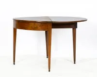 Large demi-lune game or console table, Biedermeier, 1st third 19th c., probably walnut, semi-circular top foldable on tapered square legs, approx. 75 x 120 x 60 (120) cm