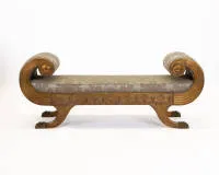Neoclassical bench, 19th/20th c., gilded, turned armrests, on paw feet, approx. 59 x 150 x 46 cm