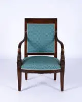 Fauteuil à accoudoirs de style Empire, 2e moitié 20e s., acajou, accoudoirs avec dauphins sculptés, H. 95 cm, traces d'usure