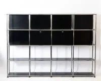 USM Haller highboard, 4x4 fields, Graphite Black, 14 open and two lockable compartments, upper shelves in glass, 145 x 203 x 37 cm, signs of use