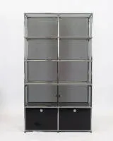 USM Haller shelving unit, 5x2 fields, Graphite Black, with two lockable compartments in the base, above eight open compartments with glass shelves, sides also glass, perforated back panel, 180 x 102 x 37 cm, signs of use