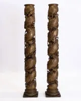 Pair of monumental baroque altar columns, Northern Italy or Southern Germany, probably late 17th or early 18th c., solid wood fully sculpted, turned and gilded over chalk ground, vine tendrils, grapes, birds and bird nests in relief,...