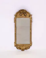 Rococo mirror, Sweden, circa 1760, pediment openwork and tilted forward, 2-part glass, approx. 67 x 27 cm