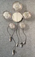 Suspension design, "Cascade Chandelier", Glashütte Limburg, années 1960/1970, cinq boules aplaties en verre fumé soufflé à la main, monture chromée, sur rosace, cinq feux, électrifié, env. 165 cm, électricité non testée