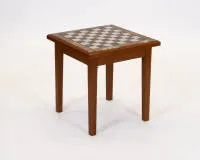 Chess table, 20th c., oak and marble, oak frame with marble-inlaid playing field, 32 marble pieces in the two drawers, approx. 56 x 54 x 54 cm, pieces partly chipped