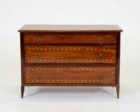 Commode miniature, Louis XVI, France, probablement dernier quart 18e s., noyer, corps à trois tiroirs sur pieds coniques, façade avec incrustations, 34 x 49 x 23.5 cm, restaurée, ajouts au dos et aux pieds